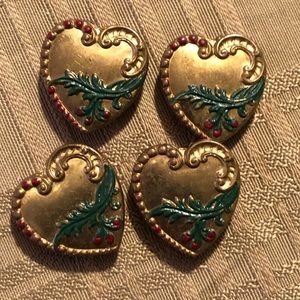 3941 VTG Button Covers Heart Shaped Brass set Of 4 Green Red Floral Embellished